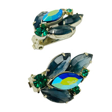 Load image into Gallery viewer, Vintage silver blue green rhinestine designer runway earrings brooch set
