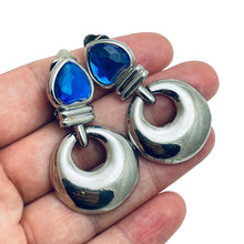 Load image into Gallery viewer, Vintage silver blue heart rhinestone dangle designer clip on earrings
