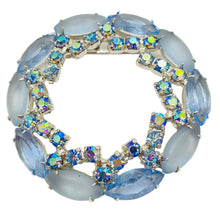 Load image into Gallery viewer, Vintage silver blue rhinestone designer pin brooch
