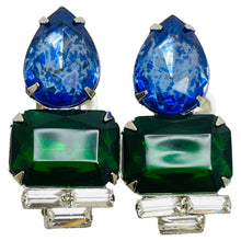 Load image into Gallery viewer, Vintage silver emerald sapphire glass designer runway clip on earrings
