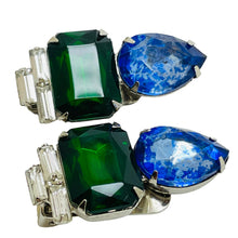 Load image into Gallery viewer, Vintage silver emerald sapphire glass designer runway clip on earrings
