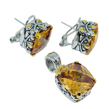 Load image into Gallery viewer, Vintage silver gold tone citrine glass earrings pendant set
