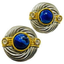 Load image into Gallery viewer, Vintage silver gold tone faux lapis rhinestone designer 80's clip on earrings

