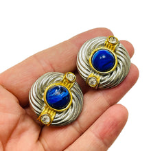 Load image into Gallery viewer, Vintage silver gold tone faux lapis rhinestone designer 80's clip on earrings
