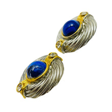 Load image into Gallery viewer, Vintage silver gold tone faux lapis rhinestone designer 80's clip on earrings
