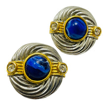 Load image into Gallery viewer, Vintage silver gold tone faux lapis rhinestone designer 80's clip on earrings
