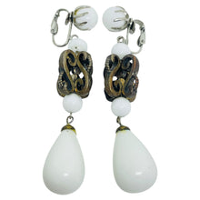 Load image into Gallery viewer, Vintage silver gold tone white beads dangle earrings clip on earrings
