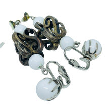 Load image into Gallery viewer, Vintage silver gold tone white beads dangle earrings clip on earrings
