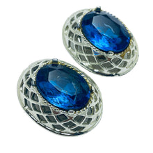 Load image into Gallery viewer, Vintage silver sapphire blue glass designer runway clip on earrings
