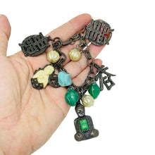 Load image into Gallery viewer, Vintage silver tone Asian Buddha faux jade charms chain designer bracelet
