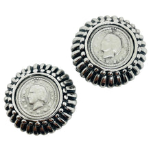 Load image into Gallery viewer, Vintage silver tone Etruscan coin designer clip on earrings
