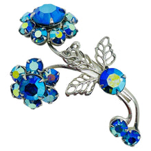 Load image into Gallery viewer, Vintage silver tone aurora blue rhinestones flower designer brooch
