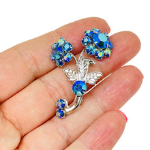 Load image into Gallery viewer, Vintage silver tone aurora blue rhinestones flower designer brooch
