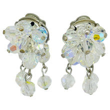 Load image into Gallery viewer, Vintage silver tone aurora borealis crystal glass beaded cluster clip earrings
