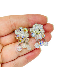 Load image into Gallery viewer, Vintage silver tone aurora borealis crystal glass beaded cluster clip earrings
