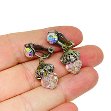 Load image into Gallery viewer, Vintage silver tone aurora crystals dangle designer clip on earrings
