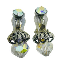 Load image into Gallery viewer, Vintage silver tone aurora crystals dangle designer clip on earrings
