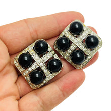 Load image into Gallery viewer, Vintage silver tone black lucite beads rhinestone designer clip on earrings
