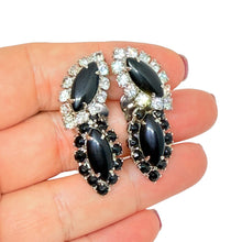 Load image into Gallery viewer, Vintage silver tone black navette glass stones designer clip on earrings
