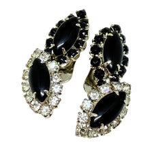 Load image into Gallery viewer, Vintage silver tone black navette glass stones designer clip on earrings
