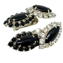 Load image into Gallery viewer, Vintage silver tone black navette glass stones designer clip on earrings
