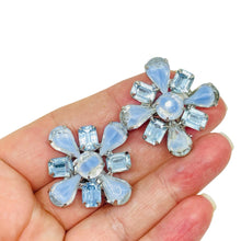 Load image into Gallery viewer, Vintage silver tone blue glass Maltese cross designer clip on earrings
