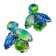 Load image into Gallery viewer, Vintage silver tone blue green glass clip on earrings
