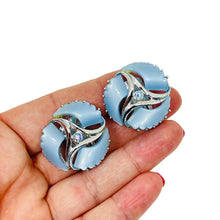 Load image into Gallery viewer, Vintage silver tone blue lucite ab rhinestones designer clip on earrings
