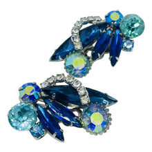 Load image into Gallery viewer, Vintage silver tone blue navette ab glass clip on earrings
