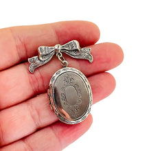 Load image into Gallery viewer, Vintage silver tone bow dangle locket designer brooch
