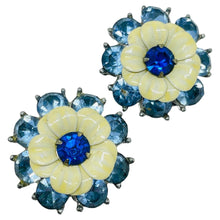 Load image into Gallery viewer, Vintage silver tone enamel rhinestones flowers designer clip on earrings
