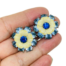 Load image into Gallery viewer, Vintage silver tone enamel rhinestones flowers designer clip on earrings
