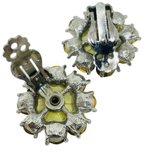 Load image into Gallery viewer, Vintage silver tone enamel rhinestones flowers designer clip on earrings
