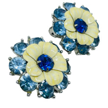 Load image into Gallery viewer, Vintage silver tone enamel rhinestones flowers designer clip on earrings
