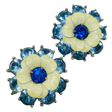 Load image into Gallery viewer, Vintage silver tone enamel rhinestones flowers designer clip on earrings
