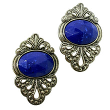 Load image into Gallery viewer, Vintage silver tone faux lapis stones designer pierced earrings
