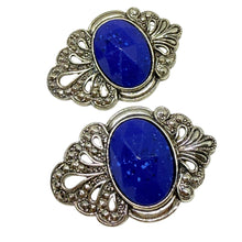 Load image into Gallery viewer, Vintage silver tone faux lapis stones designer pierced earrings
