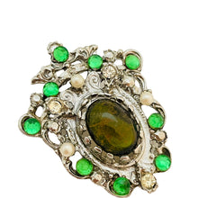 Load image into Gallery viewer, Vintage silver tone faux pearl rhinestones designer brooch
