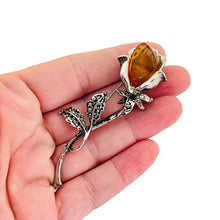 Load image into Gallery viewer, Vintage silver tone glass amber rose flower designer brooch
