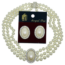 Load image into Gallery viewer, Vintage silver tone glass pearls rhinestones necklace earrings set
