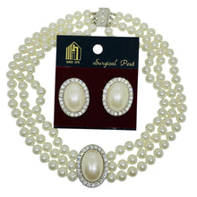 Load image into Gallery viewer, Vintage silver tone glass pearls rhinestones necklace earrings set
