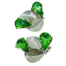 Load image into Gallery viewer, Vintage silver tone green rhinestones designer clip on earrings
