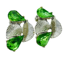 Load image into Gallery viewer, Vintage silver tone green rhinestones designer clip on earrings
