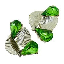 Load image into Gallery viewer, Vintage silver tone green rhinestones designer clip on earrings
