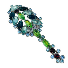 Load image into Gallery viewer, Vintage silver tone jewel green blue topaz glass Christmas tree designer brooch
