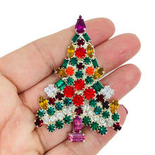 Load image into Gallery viewer, Vintage silver tone jewel green red pink glass Christmas tree designer brooch
