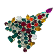 Load image into Gallery viewer, Vintage silver tone jewel green red pink glass Christmas tree designer brooch
