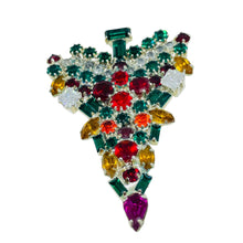 Load image into Gallery viewer, Vintage silver tone jewel green red pink glass Christmas tree designer brooch
