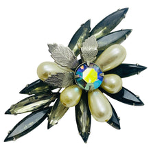 Load image into Gallery viewer, Vintage silver tone navette rhinestones faux pearls designer brooch
