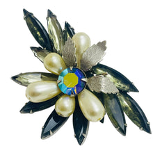 Load image into Gallery viewer, Vintage silver tone navette rhinestones faux pearls designer brooch
